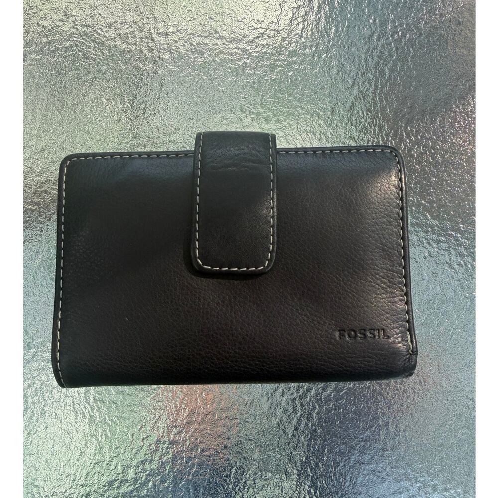 Fossil Black Genuine Leather Tab Wallet ID Window Zip Pocket